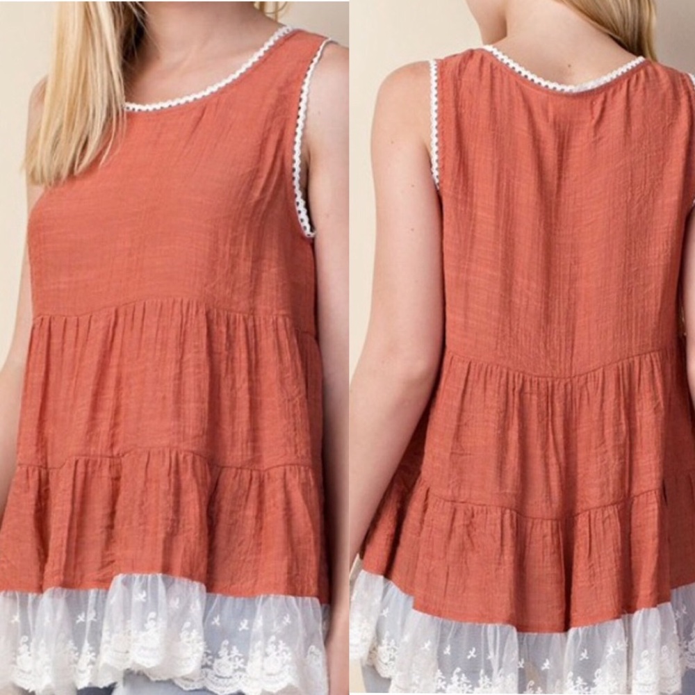 6HR SALE Fall Rust Tunic Top Lace Tank Blouse - Picture 2 of 5